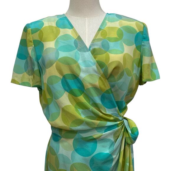 Vintage 90s Maggy London 100% Silk Green & Blue Polka Dot Wrap Dress size 10 - Picture 2 of 10